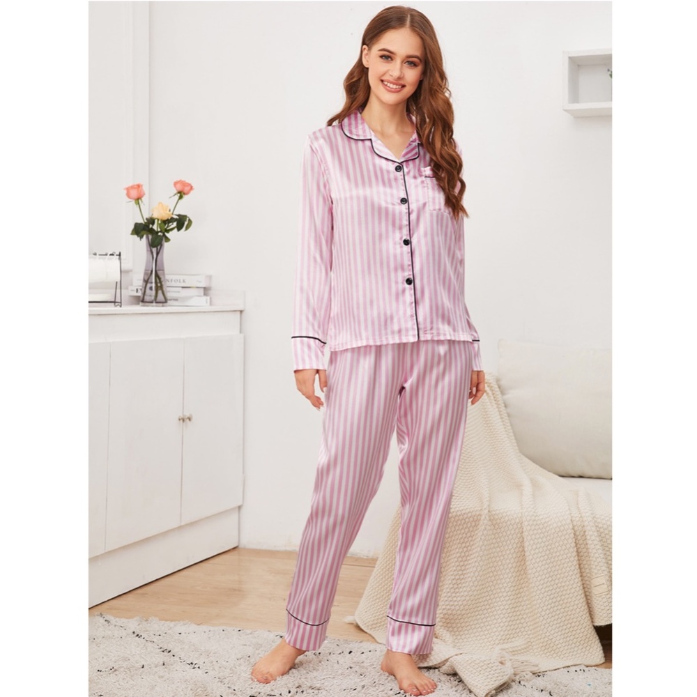 Satin Pink Stripes 2 Piece Pajamas Set - Picture 4 of 6